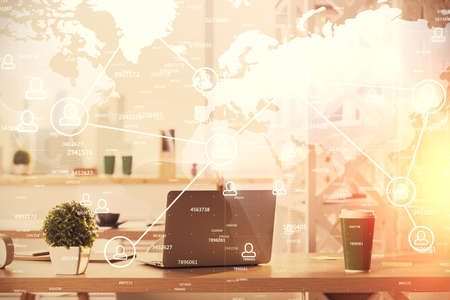 Double exposure of social network theme drawing and office interior background. Concept of web.