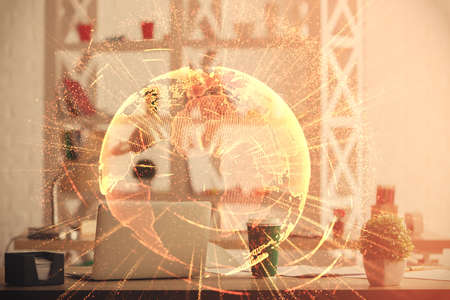 Double exposure of social network theme drawing and office interior background. Concept of web.の写真素材