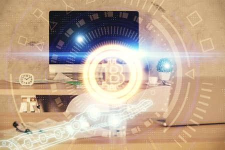 Double exposure of crypto technology theme drawing and office interior background. Concept of...