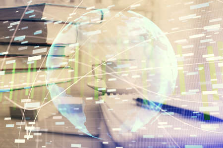 Double exposure of business theme drawing and desktop with coffee and items on table background....