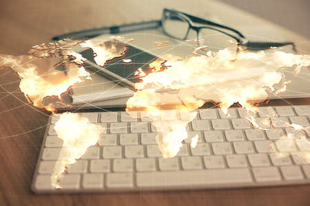 Double exposure of financial graph drawing and cell phone background. Concept of forex tradingの写真素材