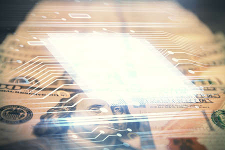 Double exposure of data theme drawing over us dollars bill background. Technology concept.の写真素材