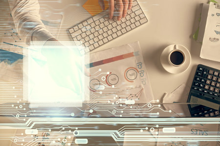 Double exposure of man's hands typing over computer keyboard and data theme hologram drawing. Top...