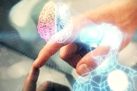 Double exposure of man's hands holding and using a digital device and AR glasses drawing. Virtual...