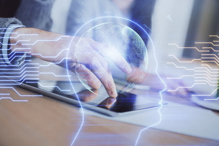 Double exposure of man and woman working together holding and using a mobile device and brain...