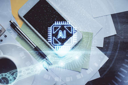 Double exposure of technology theme drawing over work table desktop. Top view. Global data analysis concept.の写真素材