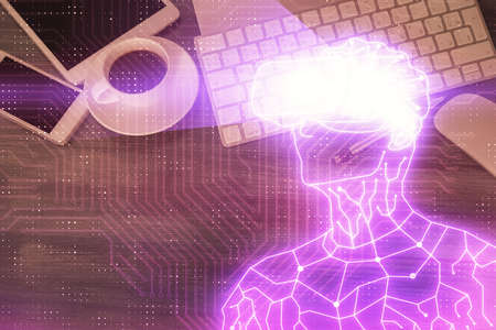 Double exposure of drawing man in AR glasses over table with phone. Top view. VR concept.