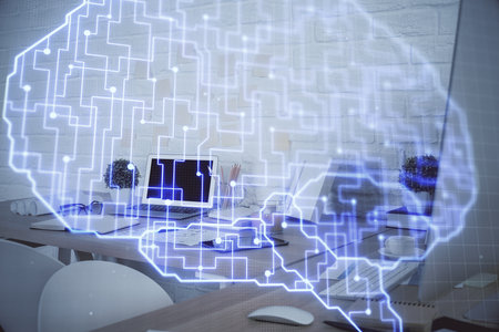 Double exposure of brain drawing and office interior background. Concept of data technology.