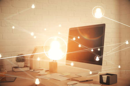 Double exposure of social network theme drawing and office interior background. Concept of web.の写真素材