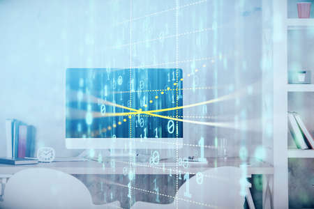 Multi exposure of data theme drawing and office interior background. Concept of technology.