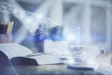 Multi exposure of technology theme drawing and desktop with coffee and items on table background....