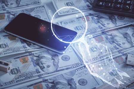 Double exposure of startup drawing over usa dollars bill background. Young business concept.の写真素材