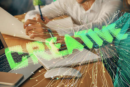 Double exposure of creative drawing over people taking notes background. Concept of startupの写真素材