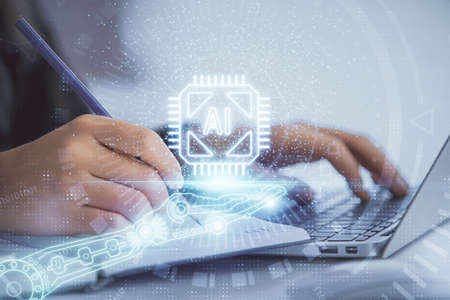 Multi exposure of woman hands working on computer and data theme hologram drawing. Tech concept.