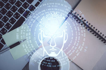 Double exposure of brain drawing hologram over topview work table background with computer. Concept of big data.の写真素材