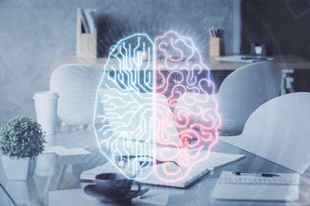 Double exposure of brain drawing and office interior background. Concept of data technology.