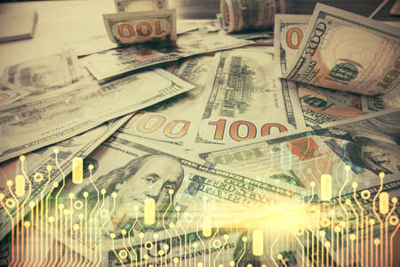 Double exposure of data theme drawing over us dollars bill background. Technology concept.の写真素材