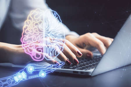Multi exposure of woman hands working on computer and human brain hologram drawing. Ai tech concept.
