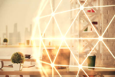 Double exposure of social network theme drawing and office interior background. Concept of web.