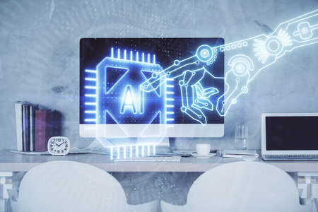 Multi exposure of data theme drawing and office interior background. Concept of technology.の写真素材
