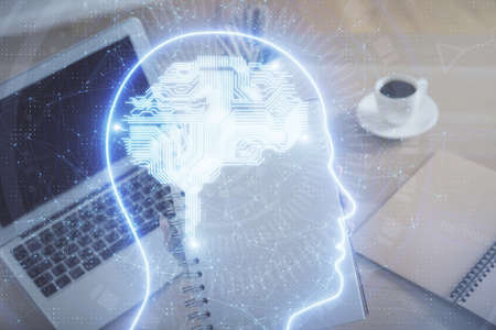 Multi exposure of woman hands working on computer and human brain hologram drawing. Ai tech concept.