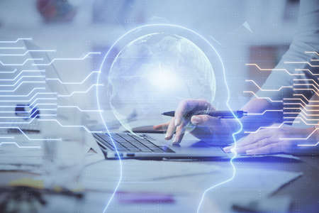 Multi exposure of woman hands working on computer and brain hologram drawing. Ai concept.