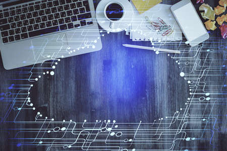 Multi exposure of data theme drawing hologram over topview work desk background with computer....