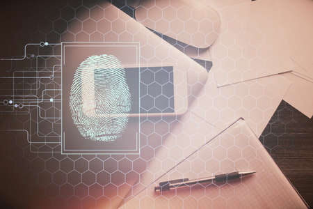 Double exposure of finger print over table with phone. Top view. Concept of mobile security.