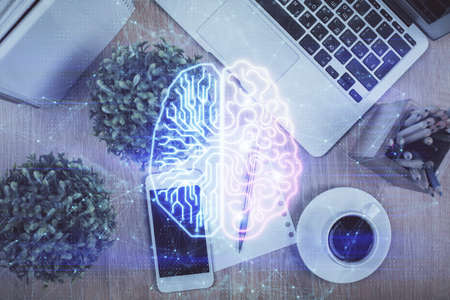 Multi exposure of brain drawing over work table desktop. Top view. Global data analysis concept.の写真素材