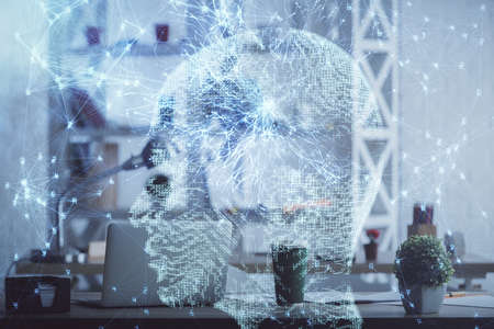 Double exposure of brain drawing and office interior background. Concept of data technology.