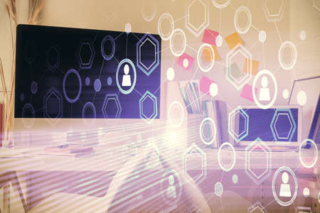 Double exposure of social network theme drawing and office interior background. Concept of web.