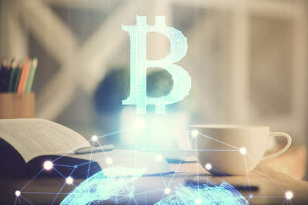 Double exposure of crypto technology drawing and desktop with coffee and items on table background. Concept of blockchainの写真素材