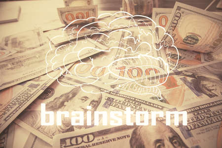 Double exposure of startup drawing over usa dollars bill background. Young business concept.の写真素材