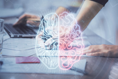 Multi exposure of woman hands working on computer and brain hologram drawing. Ai concept.の写真素材