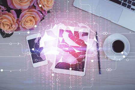 Double exposure of brain drawing over work table desktop. Top view. Global data analysis concept.の写真素材