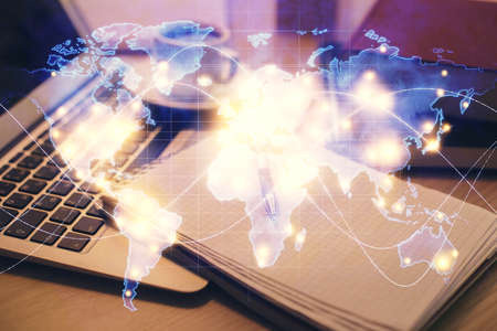 Double exposure of business theme drawing and desktop with coffee and items on table background....