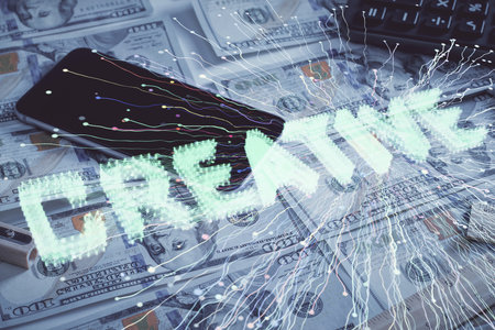 Double exposure of startup drawing over usa dollars bill background. Young business concept.の写真素材