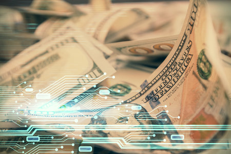 Double exposure of data theme drawing over us dollars bill background. Technology concept.の写真素材