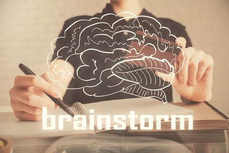 Double exposure of man hands holding a credit card and creative drawing. Start up and E-commerce pay on-line concept.の写真素材