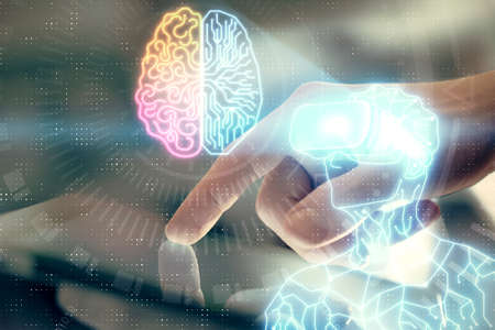 Double exposure of man's hands holding and using a digital device and AR glasses drawing. Virtual...