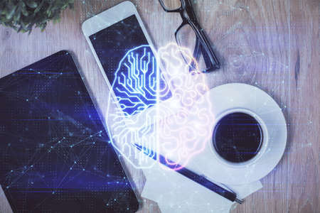 Multi exposure of brain drawing over work table desktop. top view. global data analysis concept.の写真素材