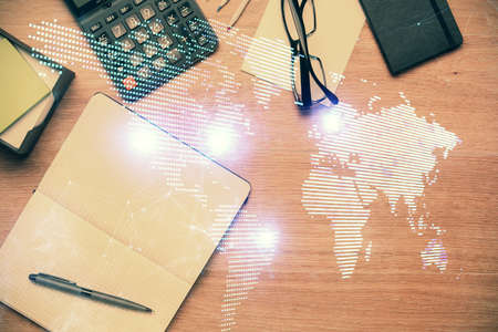 Double exposure of social network theme drawing and work table top veiw. Concept of international connection.の写真素材