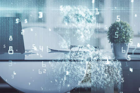 Multi exposure of data theme drawing and office interior background. concept of technology.の写真素材