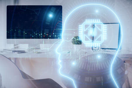 Multi exposure of brain drawing and office interior background. Concept of data technology.