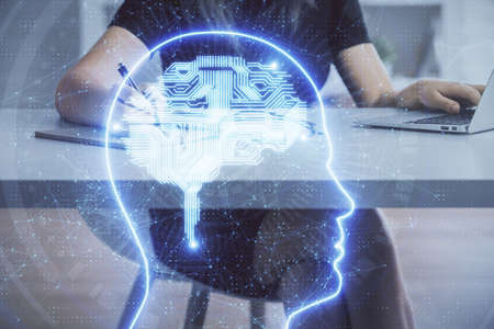 Multi exposure of woman hands working on computer and human brain hologram drawing. AI tech concept.