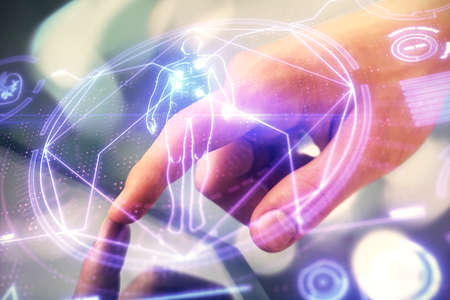 Double exposure of man's hands holding and using a phone and education theme drawing.