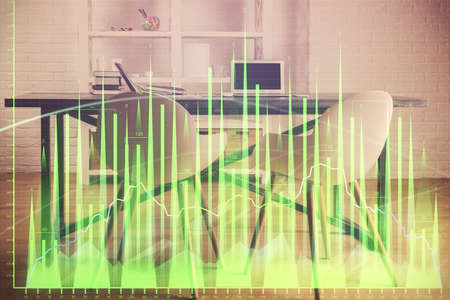 Multi exposure of financial graph drawing and office interior background. Concept of market...