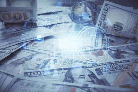 Multi exposure of social network drawing over us dollars bill background. Concept of people...