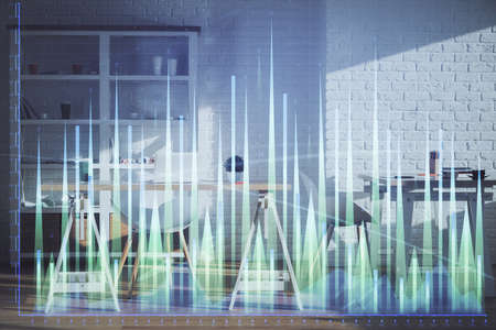 Double exposure of financial graph drawing and office interior background. Concept of stock market.
