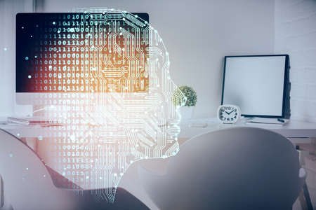 Multi exposure of brain drawing and office interior background. Concept of data technology.